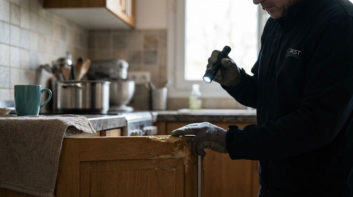 Technicien dératisation Servigeco inspectant une trace de rongeur dans une cuisine à Lyon